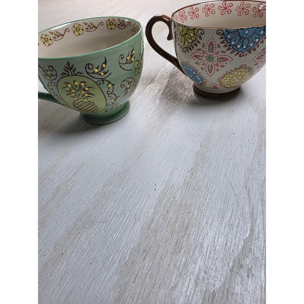 Yokohama Studio Hand Painted Ceramic Mugs Set 2 Boho Pineapple Mandala Oversized